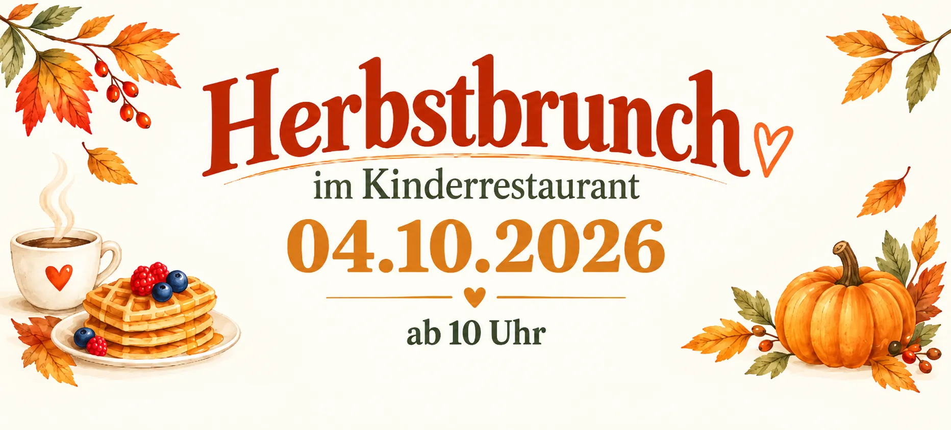 Herbstbrunchbanner Herbstbrunch im Kinderrestaurant am 4. Oktober 2026 ab 10 Uhr, mit Waffeln, Kaffee, Kürbis und herbstlicher Dekoration.